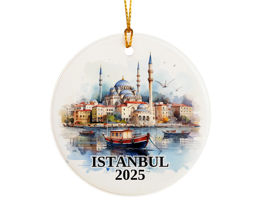 Custom Istanbul Turkey ceramic photo ornament with personalized message – handmade Christmas bauble, gift souvenir, or vacation keepsake.  