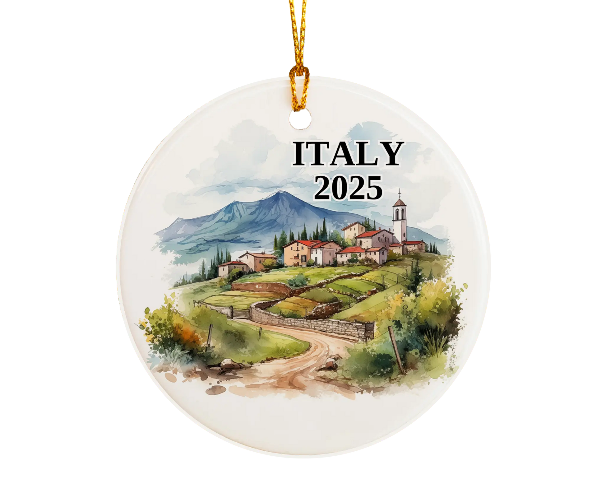 Custom Italy ceramic photo ornament with personalized message – handmade Christmas bauble, gift souvenir, or vacation keepsake.  