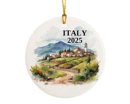 Custom Italy ceramic photo ornament with personalized message – handmade Christmas bauble, gift souvenir, or vacation keepsake.  