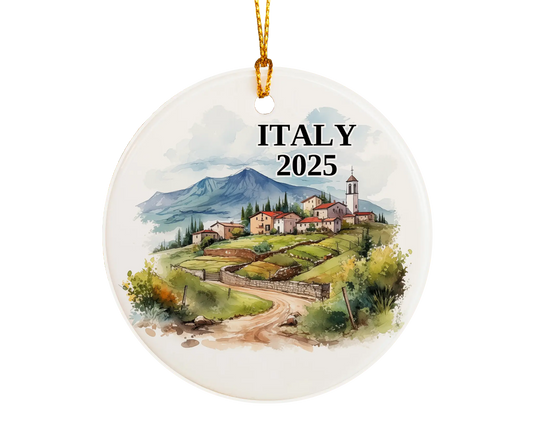 Custom Italy ceramic photo ornament with personalized message – handmade Christmas bauble, gift souvenir, or vacation keepsake.  
