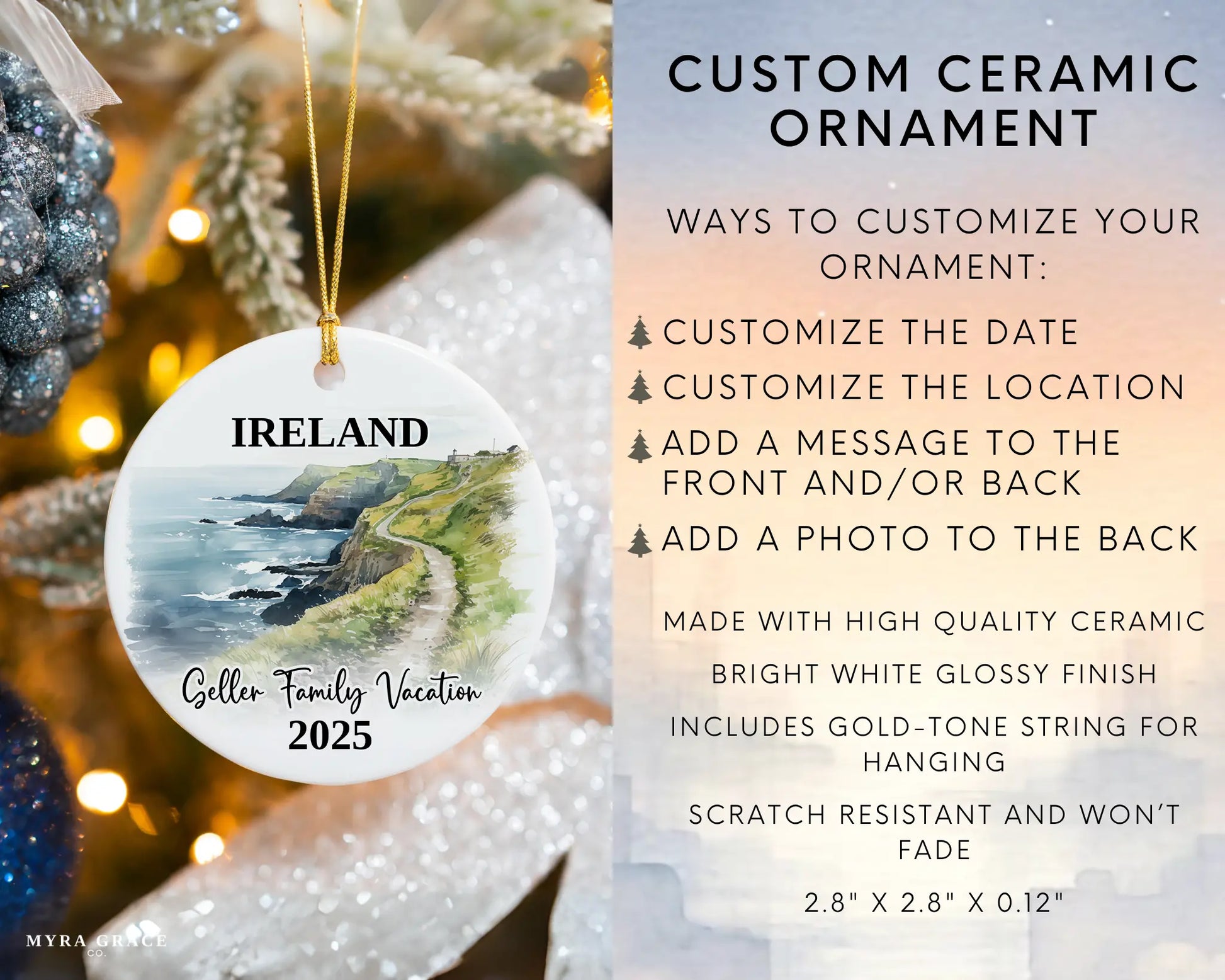 Custom vacation Ireland Cliffs of Moher ceramic photo ornament with personalized message – handmade Christmas bauble, gift souvenir, or vacation keepsake. Infographic