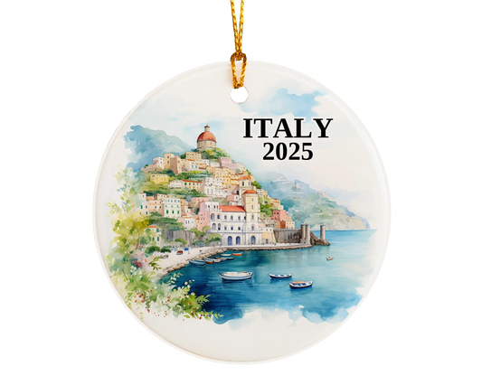 Custom Amalfi Coast Italy ceramic photo ornament with personalized message – handmade Christmas bauble, gift souvenir, or vacation keepsake.  