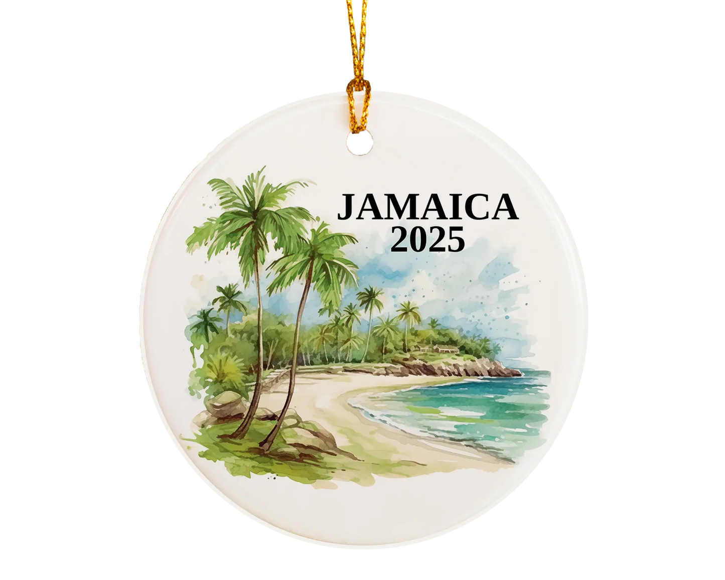Custom Jamaica ceramic photo ornament with personalized message – handmade Christmas bauble, gift souvenir, or vacation keepsake.  