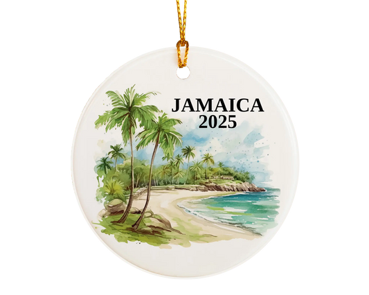 Custom Jamaica ceramic photo ornament with personalized message – handmade Christmas bauble, gift souvenir, or vacation keepsake.  