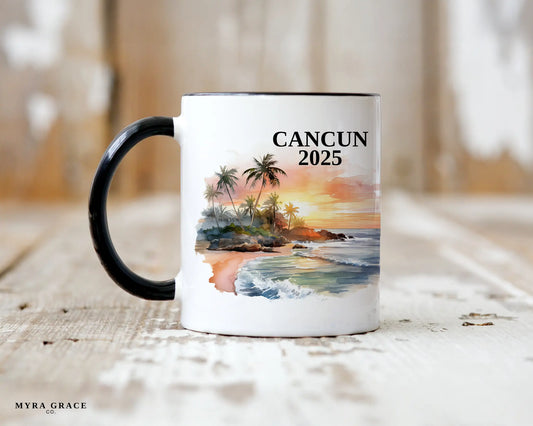 Custom ceramic Cancun Mexico vacation mug with watercolor location design, date, and personal photo – personalized travel gift or photo mug. 