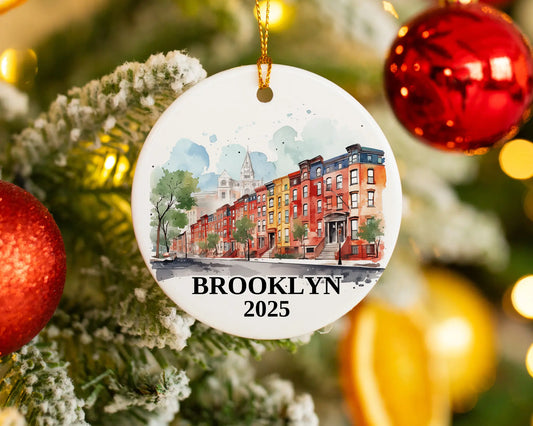 Custom Brooklyn ceramic photo ornament with personalized message – handmade Christmas bauble, gift souvenir, or vacation keepsake. 
