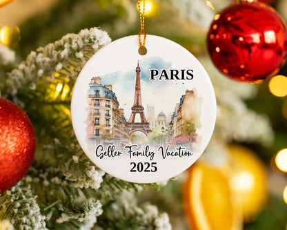 Custom vacation Paris ceramic photo ornament with personalized message – handmade Christmas bauble, gift souvenir, or vacation keepsake. 