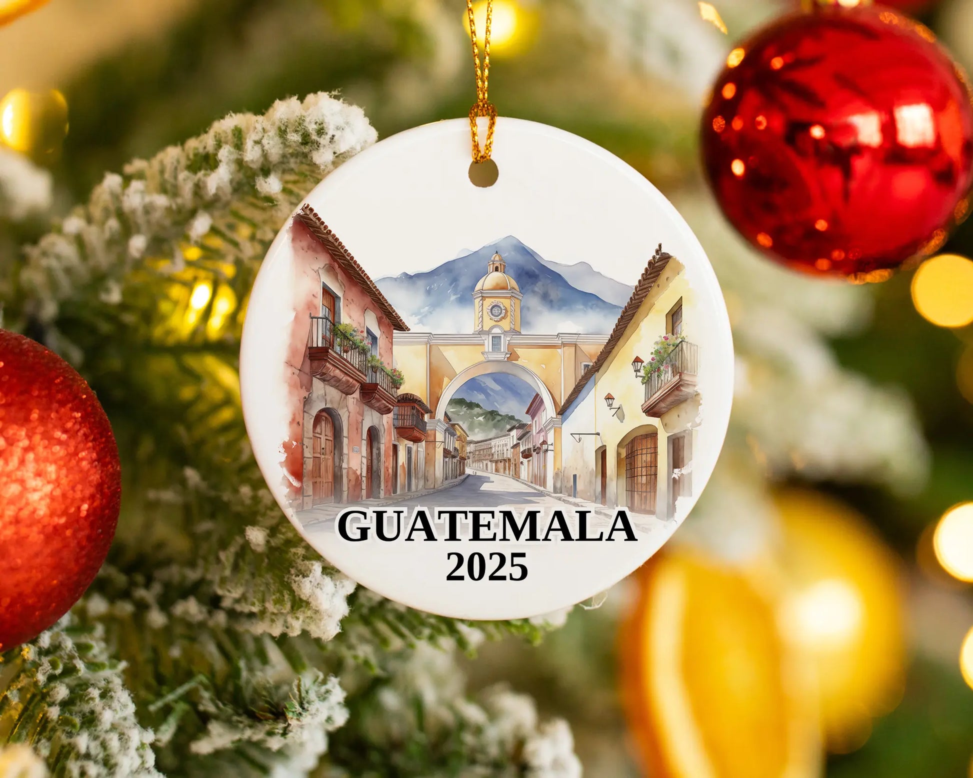 Custom Guatemala Antigua ceramic photo ornament with personalized message – handmade Christmas bauble, gift souvenir, or vacation keepsake. 