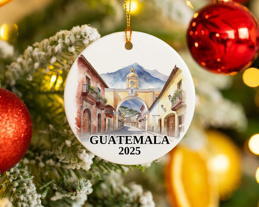 Custom Guatemala Antigua ceramic photo ornament with personalized message – handmade Christmas bauble, gift souvenir, or vacation keepsake. 