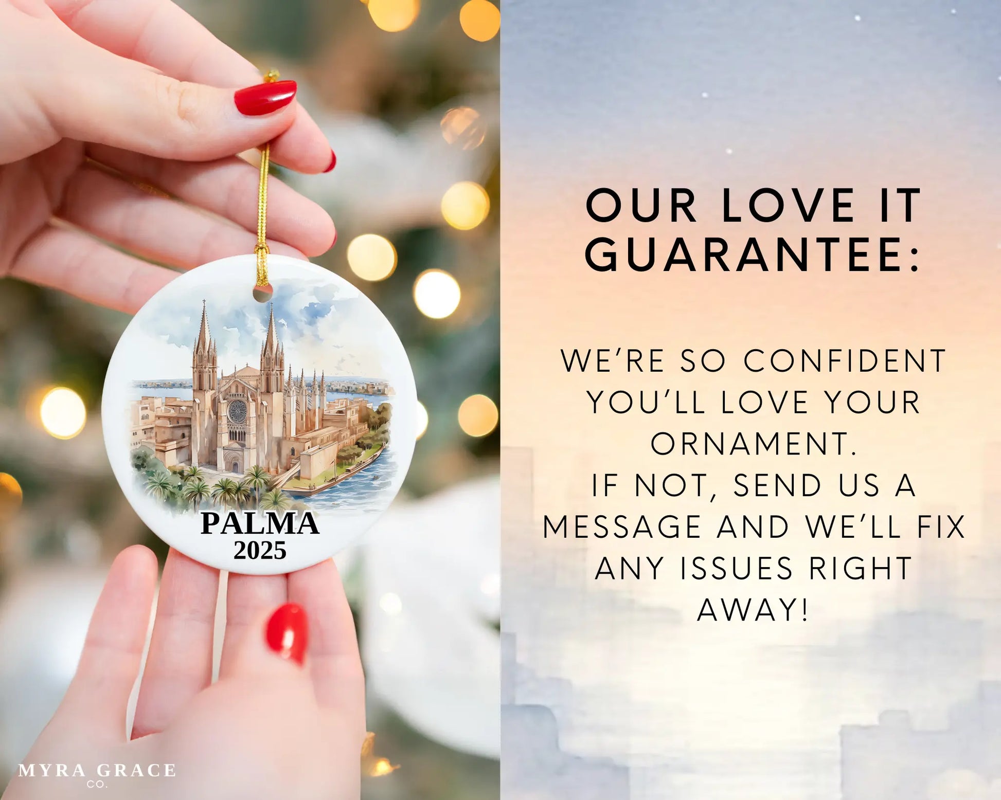 Palma Spain Ornament Custom Gift Souvenir Bauble. Custom Palma Spain ceramic photo ornament with personalized message – handmade Christmas bauble, gift souvenir, or vacation keepsake.  Love it guarantee
