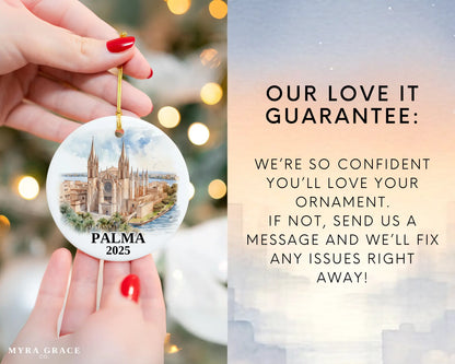 Palma Spain Ornament Custom Gift Souvenir Bauble. Custom Palma Spain ceramic photo ornament with personalized message – handmade Christmas bauble, gift souvenir, or vacation keepsake.  Love it guarantee