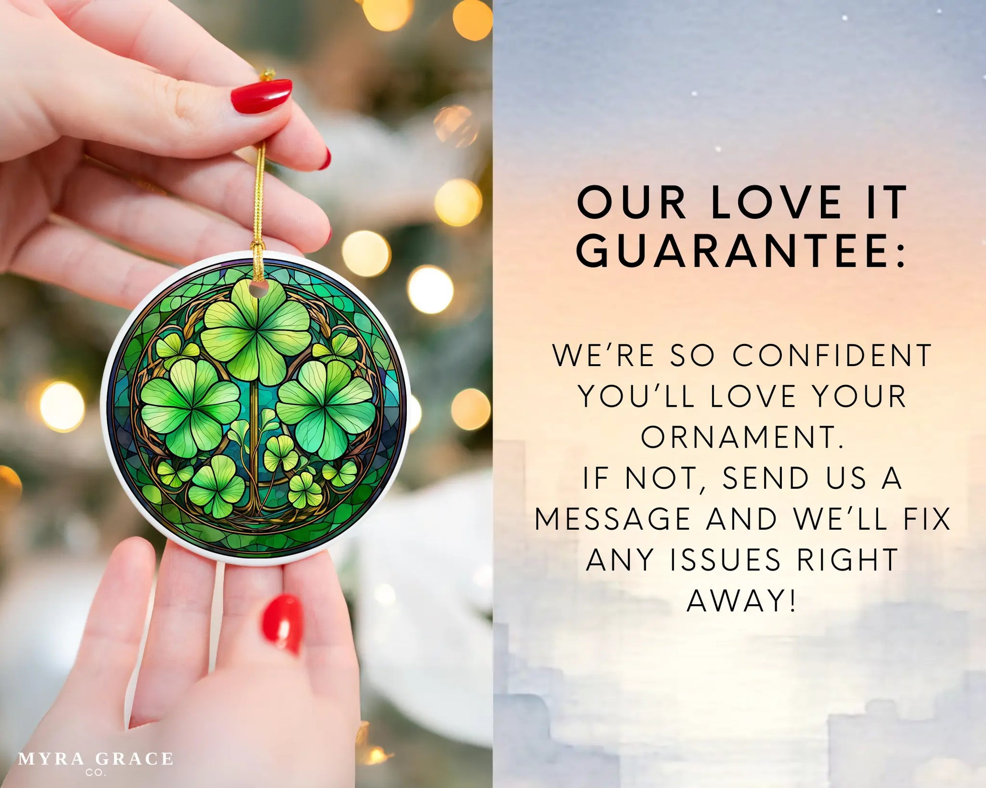 Ceramic ornament with shamrocks and clovers – non-customizable lucky charm gift or seasonal keepsake. Love it guarantee