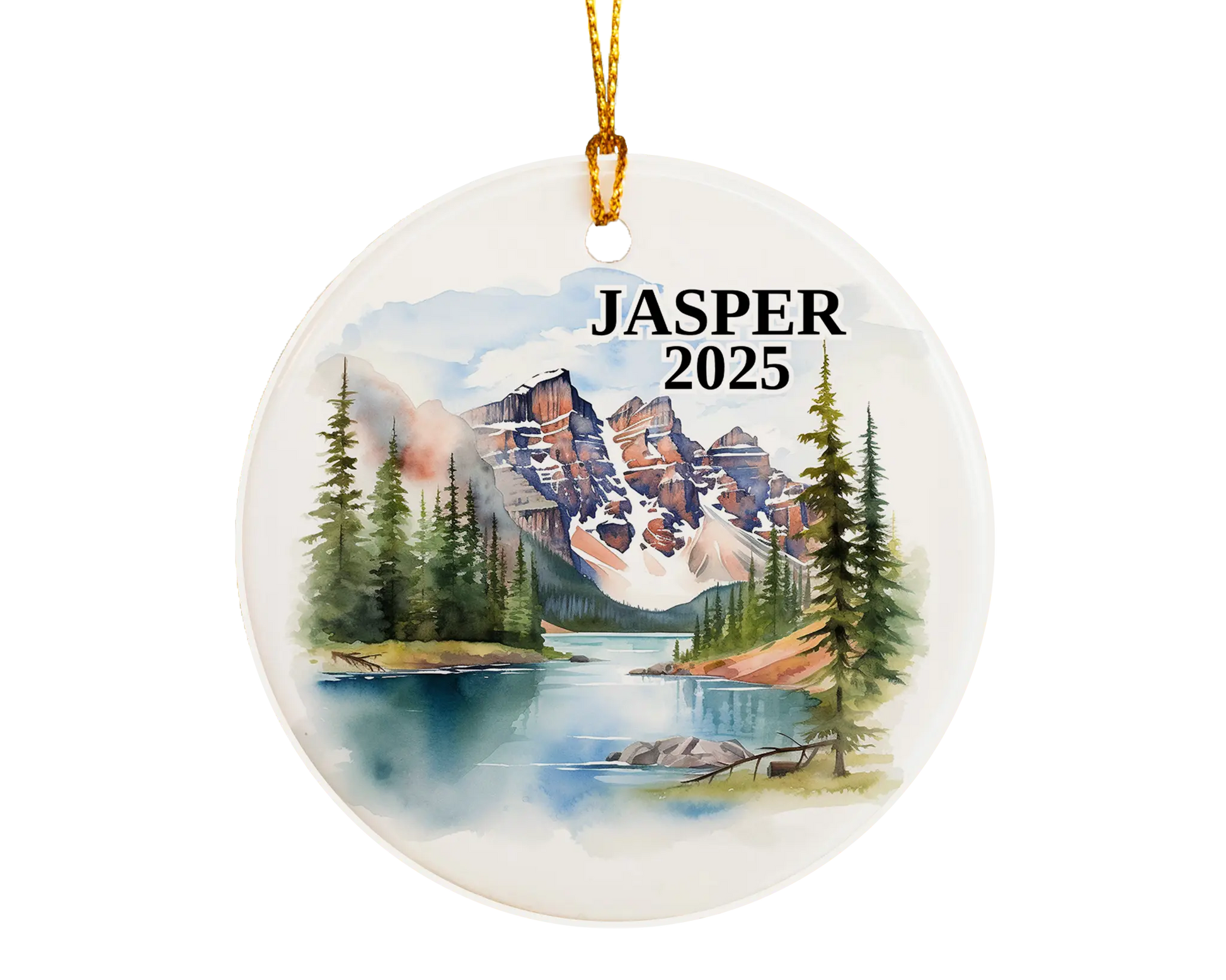 Custom Jasper Alberta Canada ceramic photo ornament with personalized message – handmade Christmas bauble, gift souvenir, or vacation keepsake.  