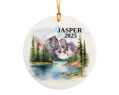 Custom Jasper Alberta Canada ceramic photo ornament with personalized message – handmade Christmas bauble, gift souvenir, or vacation keepsake.  