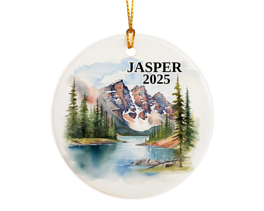 Custom Jasper Alberta Canada ceramic photo ornament with personalized message – handmade Christmas bauble, gift souvenir, or vacation keepsake.  