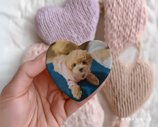 Heart-shaped custom puppy ceramic photo magnet on fridge – handmade personalized gift or Christmas fridge magnet. 