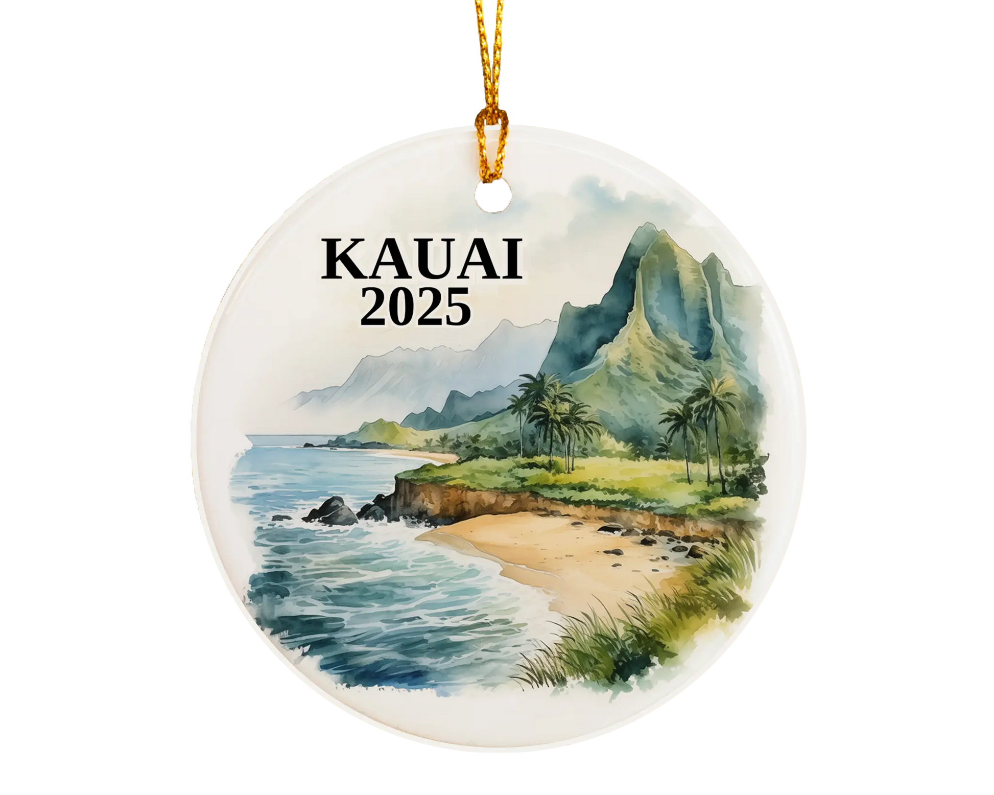 Custom Kauai Hawaii ceramic photo ornament with personalized message – handmade Christmas bauble, gift souvenir, or vacation keepsake.  