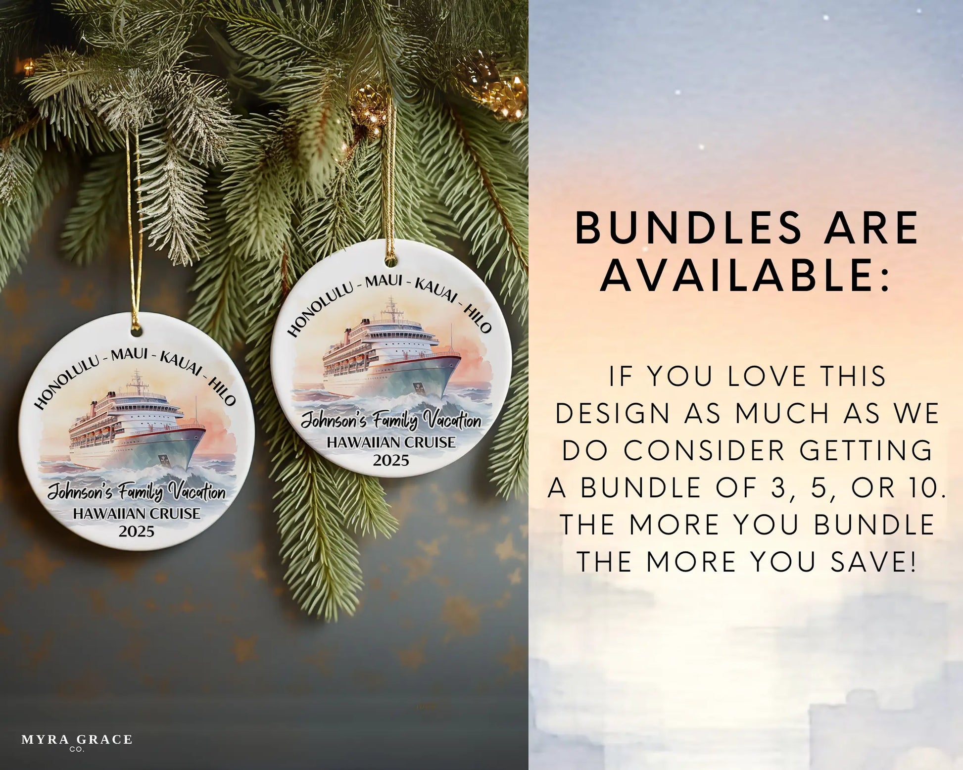 Handmade ceramic Hawaii cruise ornament with personalized location and photo – custom Christmas bauble or cruise vacation souvenir. Bundles are available