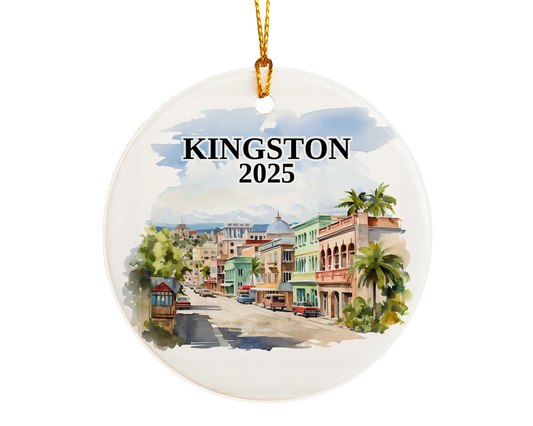 Custom Kingston Jamaica ceramic photo ornament with personalized message – handmade Christmas bauble, gift souvenir, or vacation keepsake.  
