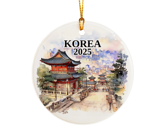 Custom Korea ceramic photo ornament with personalized message – handmade Christmas bauble, gift souvenir, or vacation keepsake.  