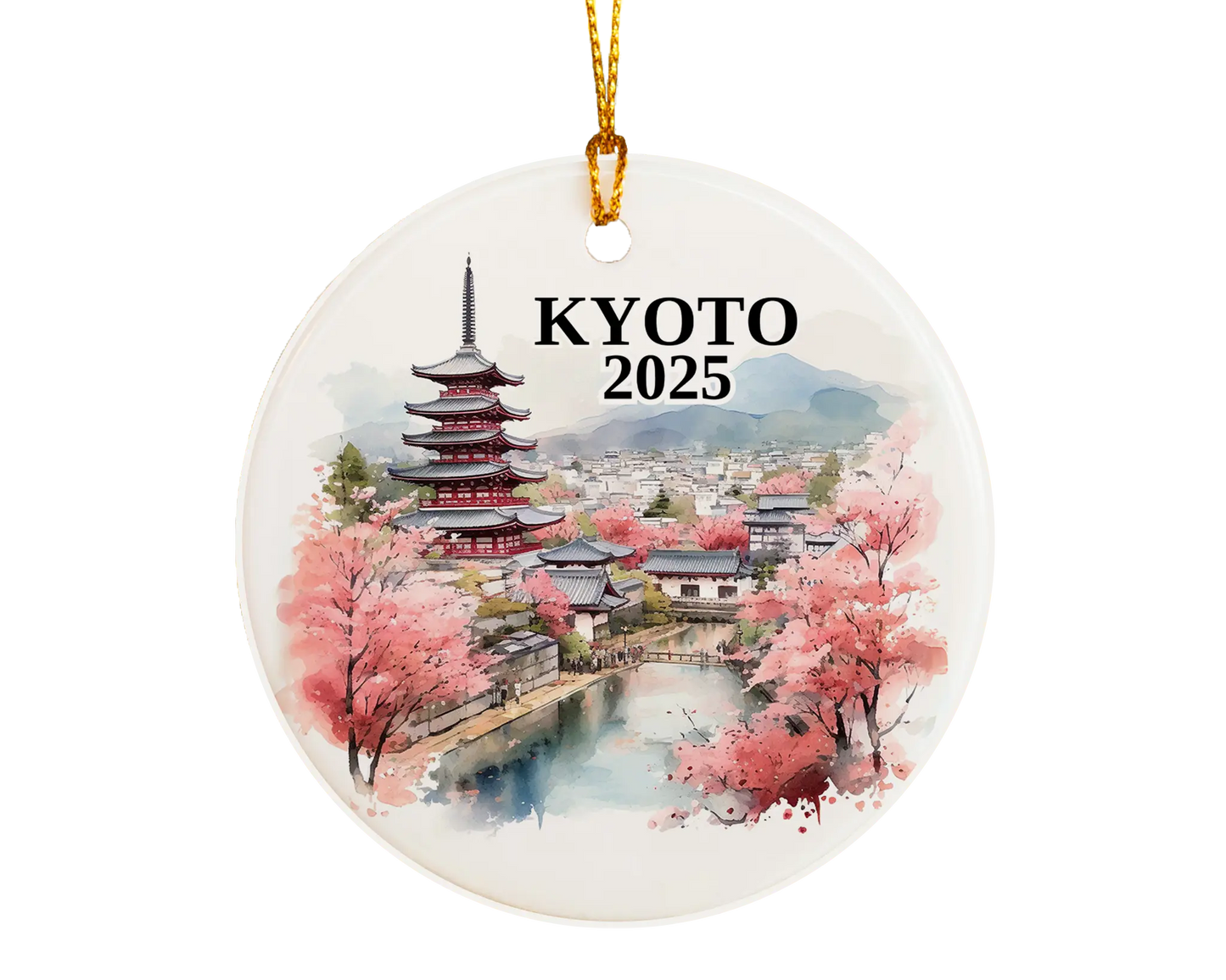 Custom Kyoto Japan ceramic photo ornament with personalized message – handmade Christmas bauble, gift souvenir, or vacation keepsake.  