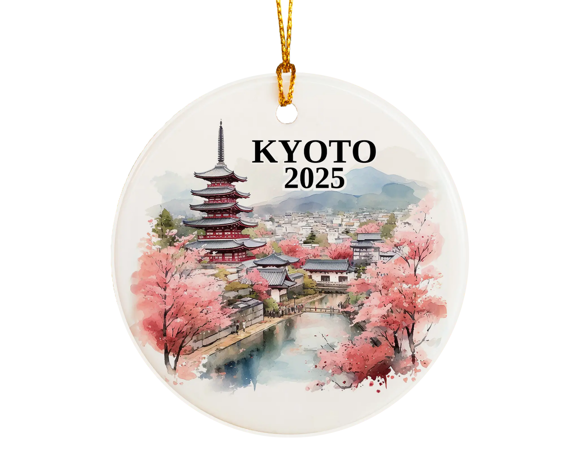 Custom Kyoto Japan ceramic photo ornament with personalized message – handmade Christmas bauble, gift souvenir, or vacation keepsake.  