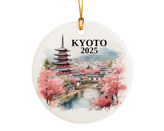Custom Kyoto Japan ceramic photo ornament with personalized message – handmade Christmas bauble, gift souvenir, or vacation keepsake.  