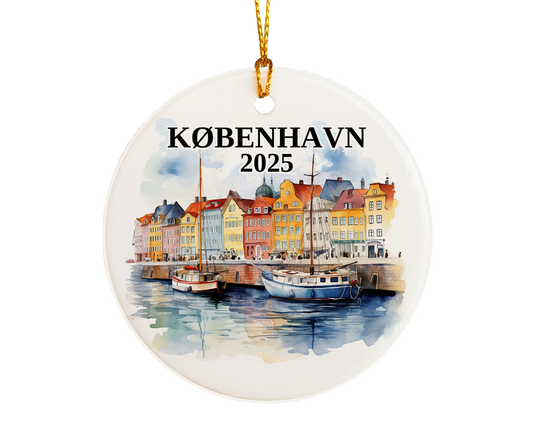 Custom København Copenhagen Denmark ceramic photo ornament with personalized message – handmade Christmas bauble, gift souvenir, or vacation keepsake.  