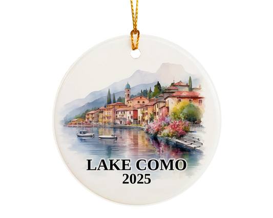 Custom Lake Como Italy ceramic photo ornament with personalized message – handmade Christmas bauble, gift souvenir, or vacation keepsake.  