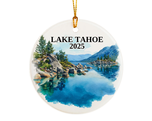 Custom Lake Tahoe California Nevada ceramic photo ornament with personalized message – handmade Christmas bauble, gift souvenir, or vacation keepsake.  