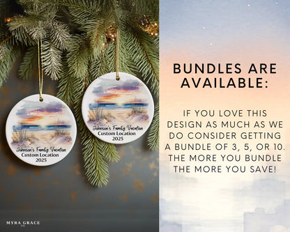 Custom vacation ceramic photo ornament with personalized message – handmade Christmas bauble, gift souvenir, or vacation keepsake. Bundles are available