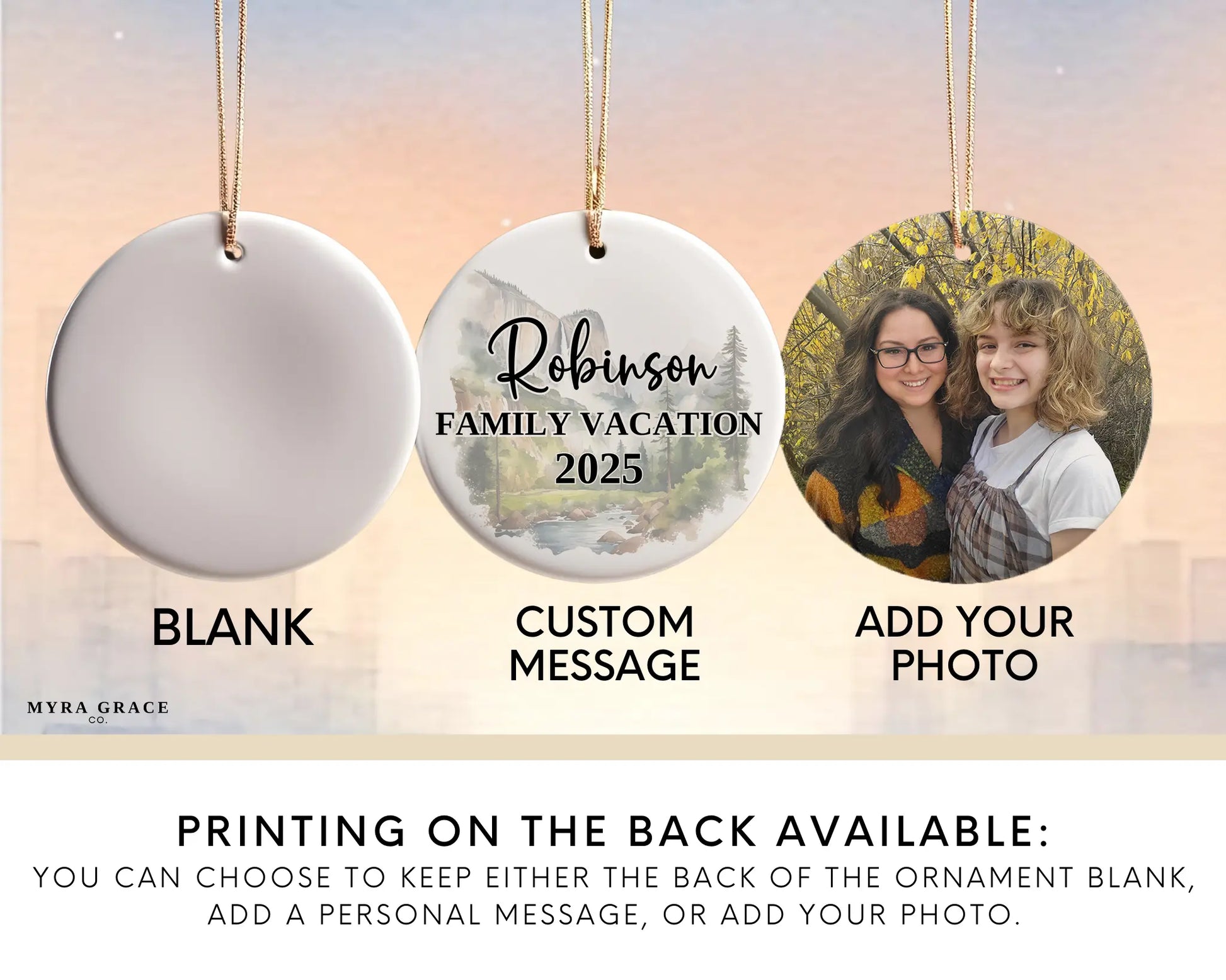 Custom vacation Yosemite ceramic photo ornament with personalized message – handmade Christmas bauble, gift souvenir, or vacation keepsake. Add your photo