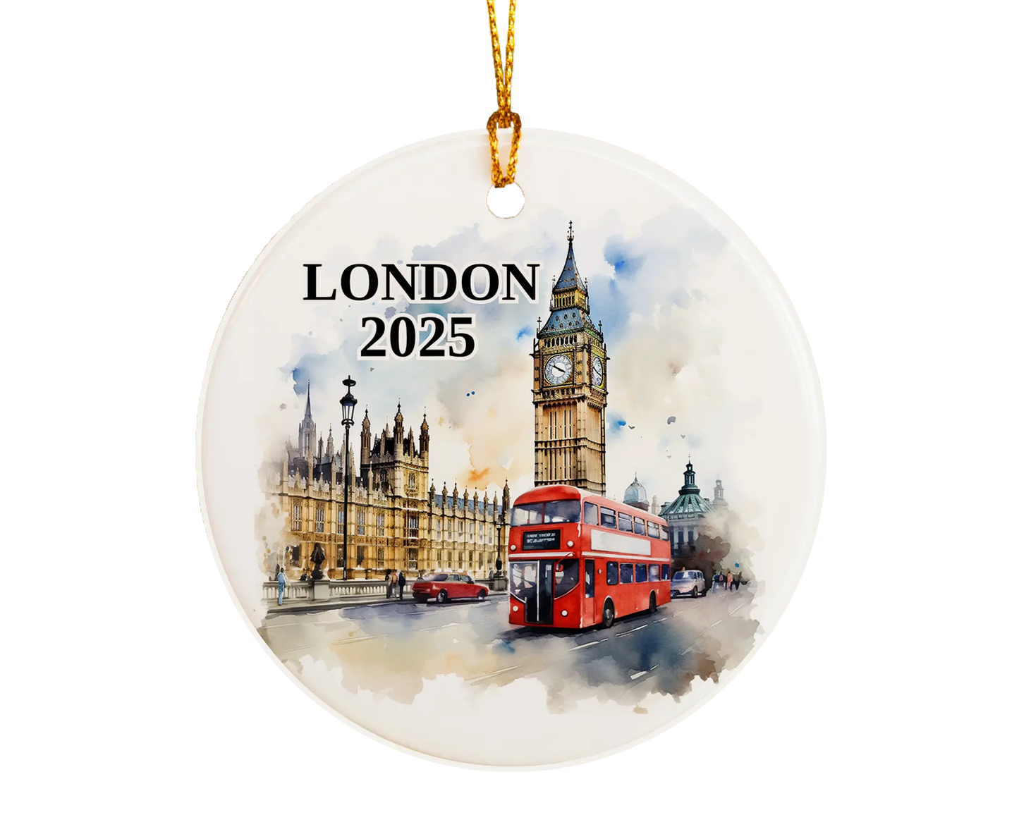 Custom London UK ceramic photo ornament with personalized message – handmade Christmas bauble, gift souvenir, or vacation keepsake.  