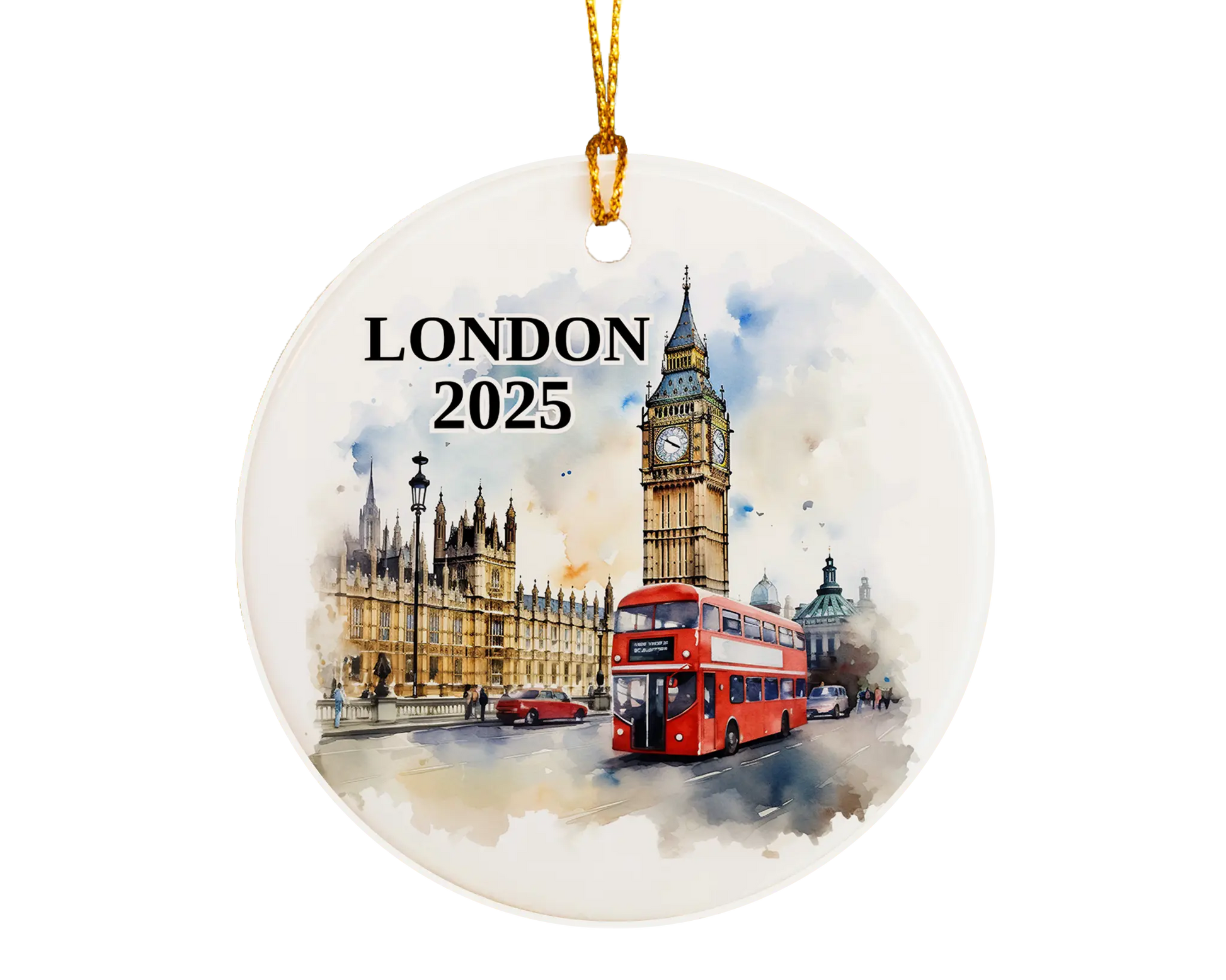 Custom London UK ceramic photo ornament with personalized message – handmade Christmas bauble, gift souvenir, or vacation keepsake.  