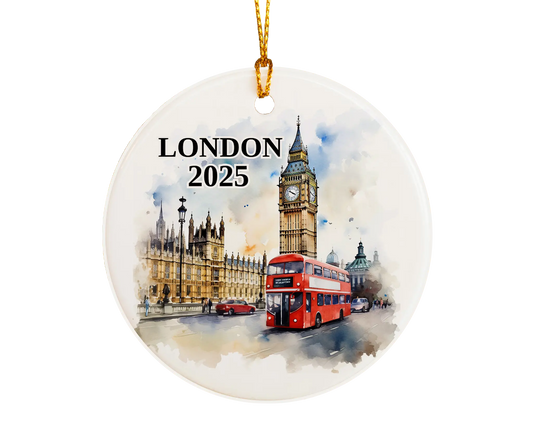 Custom London UK ceramic photo ornament with personalized message – handmade Christmas bauble, gift souvenir, or vacation keepsake.  