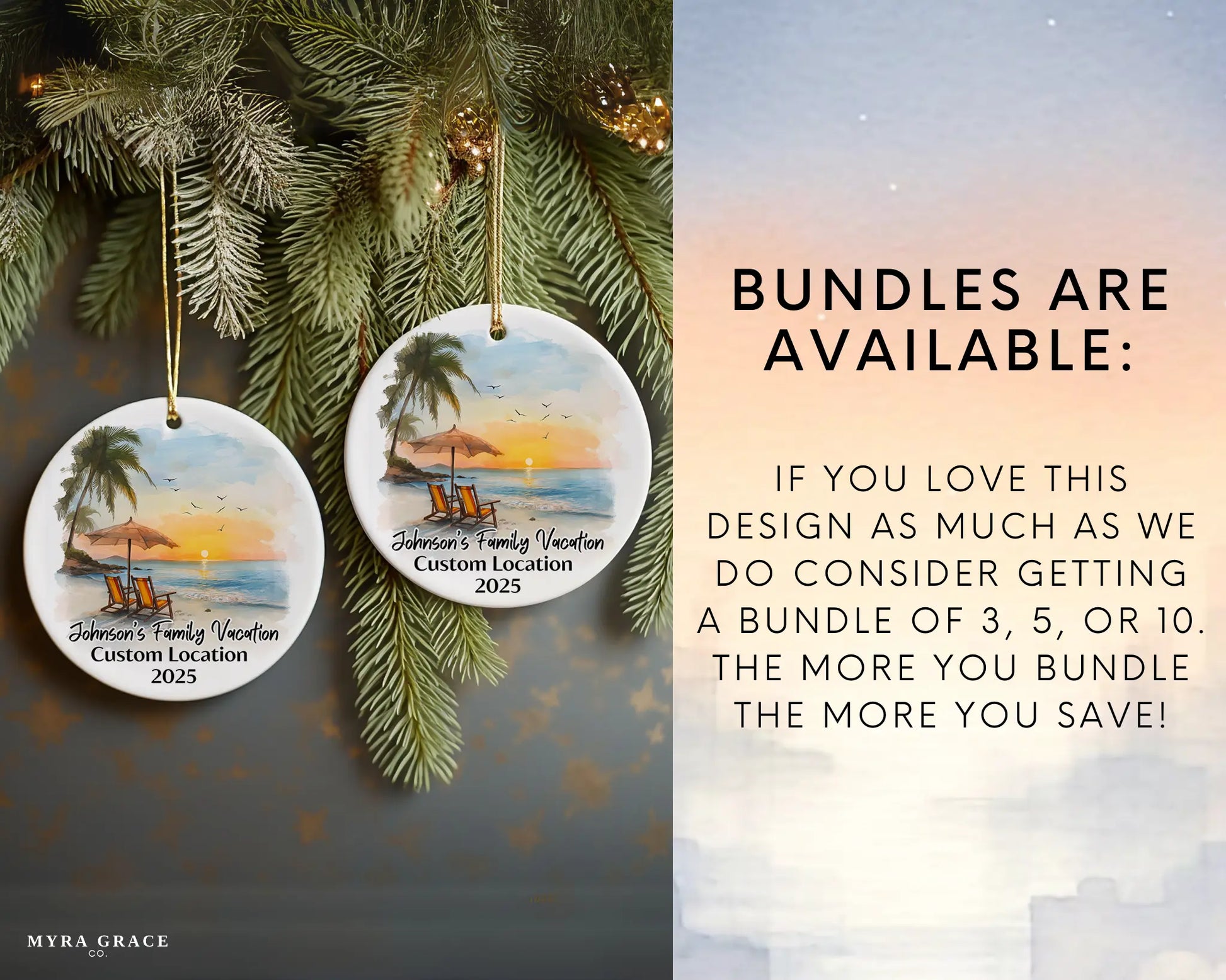 Custom vacation ceramic photo ornament with personalized message – handmade Christmas bauble, gift souvenir, or vacation keepsake. Bundles are available