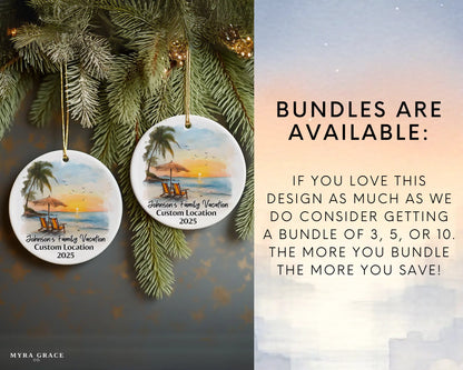 Custom vacation ceramic photo ornament with personalized message – handmade Christmas bauble, gift souvenir, or vacation keepsake. Bundles are available
