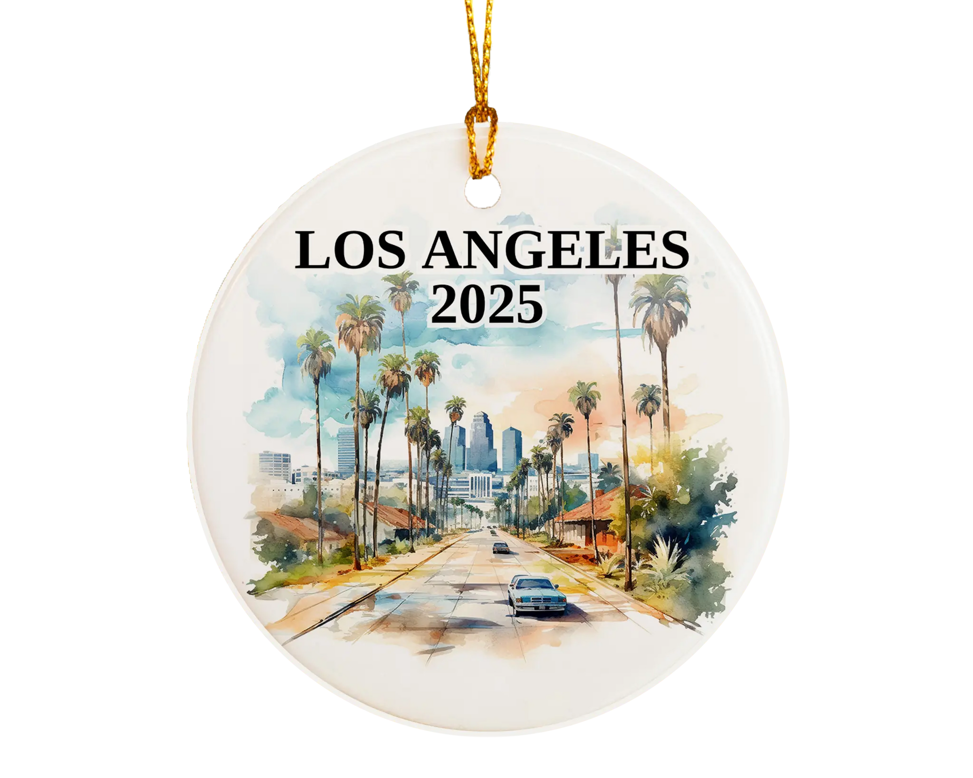 Custom Los Angeles California ceramic photo ornament with personalized message – handmade Christmas bauble, gift souvenir, or vacation keepsake.  