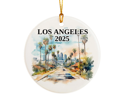 Custom Los Angeles California ceramic photo ornament with personalized message – handmade Christmas bauble, gift souvenir, or vacation keepsake.  