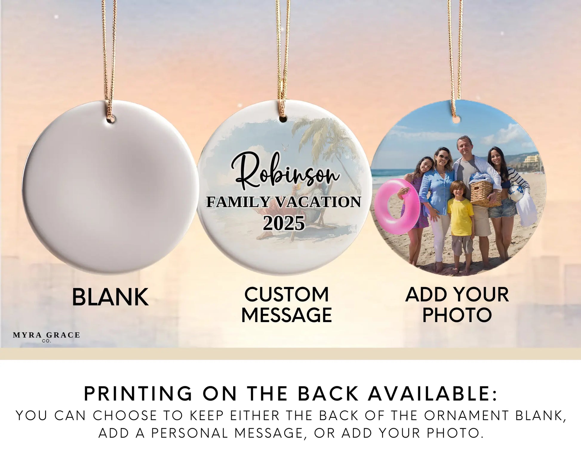 Custom vacation ceramic photo ornament with personalized message – handmade Christmas bauble, gift souvenir, or vacation keepsake. Christmas in July. Add your photo