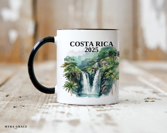 Custom ceramic Costa Rica vacation mug with watercolor location design, date, and personal photo – personalized travel gift or photo mug. 