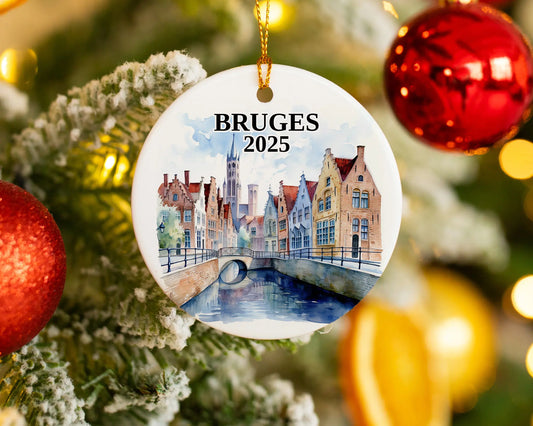 Custom Bruges, Belgium ceramic photo ornament with personalized message – handmade Christmas bauble, gift souvenir, or vacation keepsake.