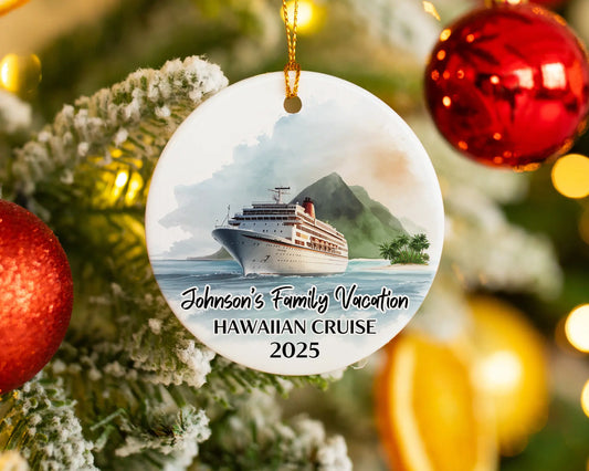 Handmade ceramic Hawaii cruise ornament with personalized location and photo – custom Christmas bauble or cruise vacation souvenir.