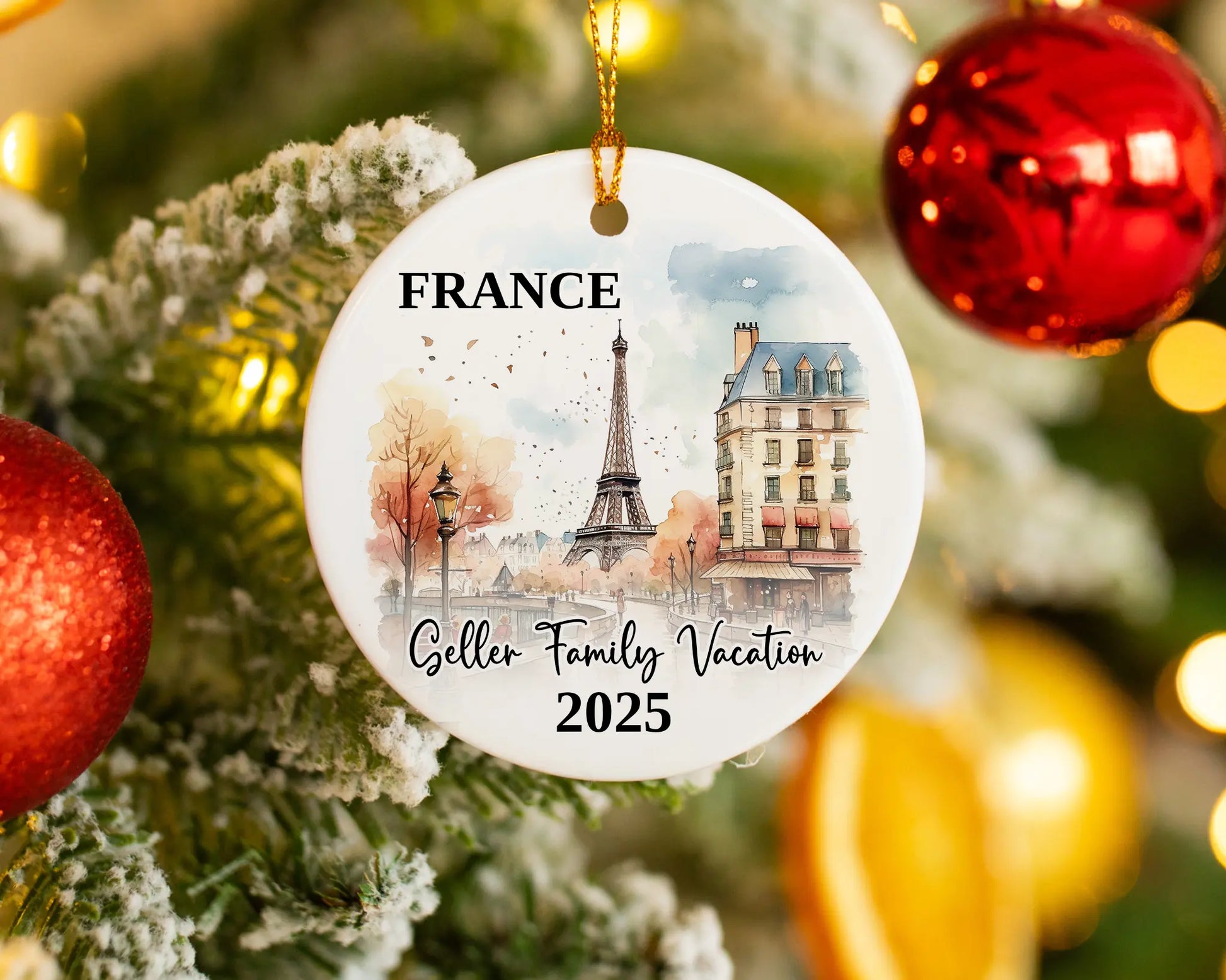 Custom vacation Paris France ceramic photo ornament with personalized message – handmade Christmas bauble, gift souvenir, or vacation keepsake. 