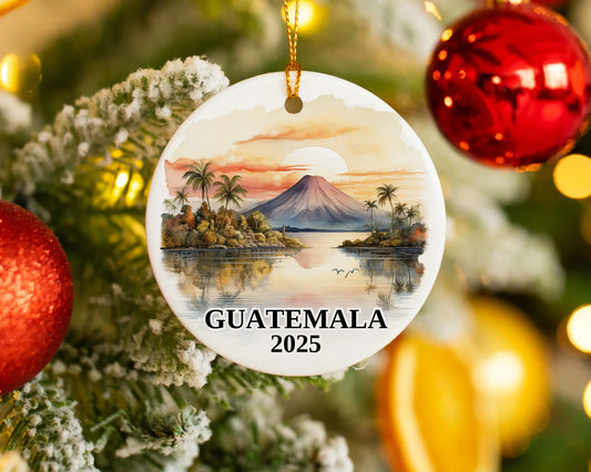 Custom Guatemala ceramic photo ornament with personalized message – handmade Christmas bauble, gift souvenir, or vacation keepsake. 