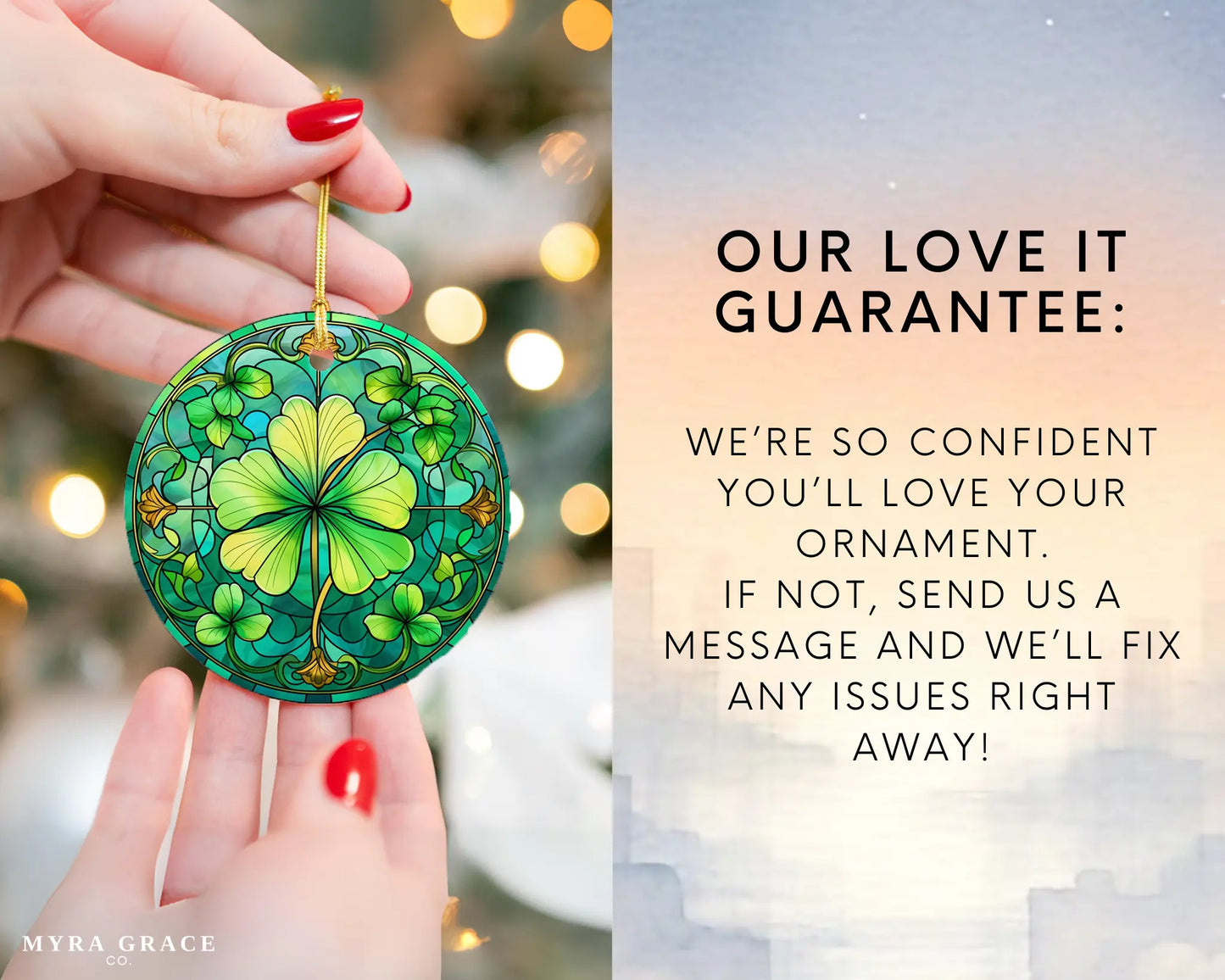 Ceramic ornament with shamrocks and clovers – non-customizable lucky charm gift or seasonal keepsake. Love it guarantee