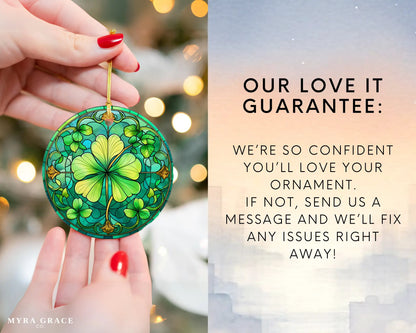 Ceramic ornament with shamrocks and clovers – non-customizable lucky charm gift or seasonal keepsake. Love it guarantee