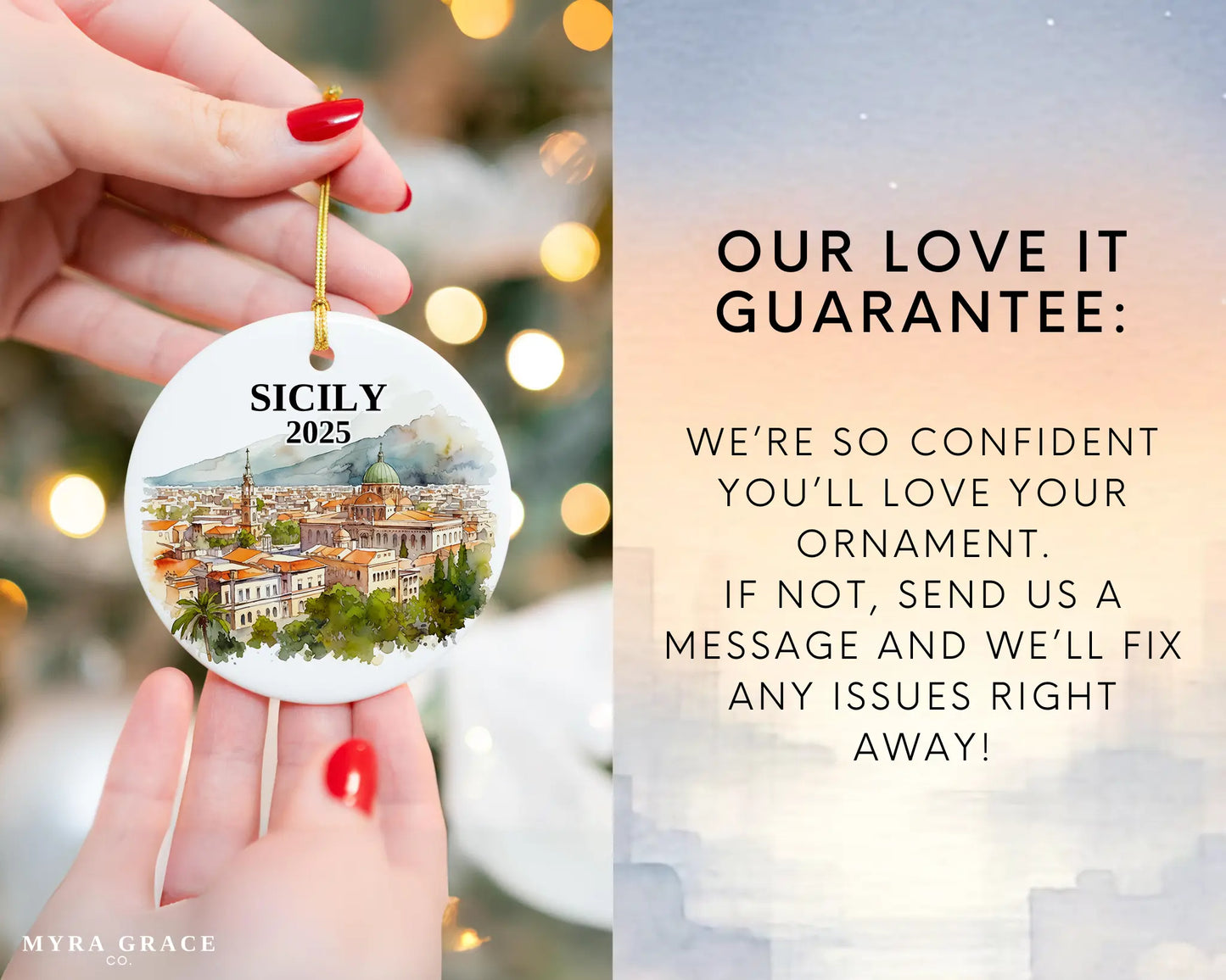 Sicily Italy Ornament Custom Gift Souvenir Bauble. Custom Sicily Italy ceramic photo ornament with personalized message – handmade Christmas bauble, gift souvenir, or vacation keepsake.  Love it guarantee