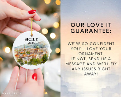 Sicily Italy Ornament Custom Gift Souvenir Bauble. Custom Sicily Italy ceramic photo ornament with personalized message – handmade Christmas bauble, gift souvenir, or vacation keepsake.  Love it guarantee
