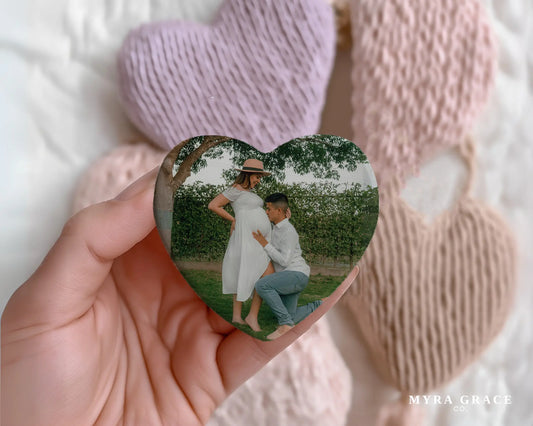 Heart-shaped custom pregnancy ceramic photo magnet on fridge – handmade personalized gift or Christmas fridge magnet. 